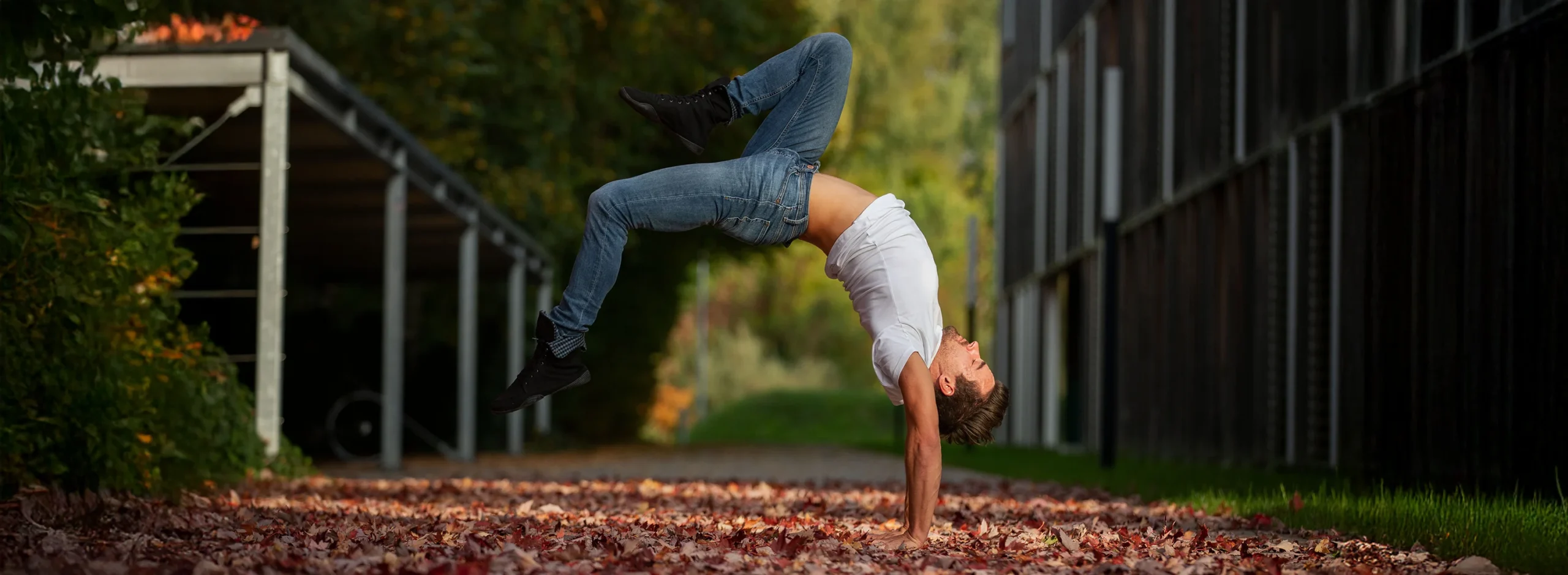 Ein Mann macht einen Handstand auf bunten Herbstblättern in einem Park.