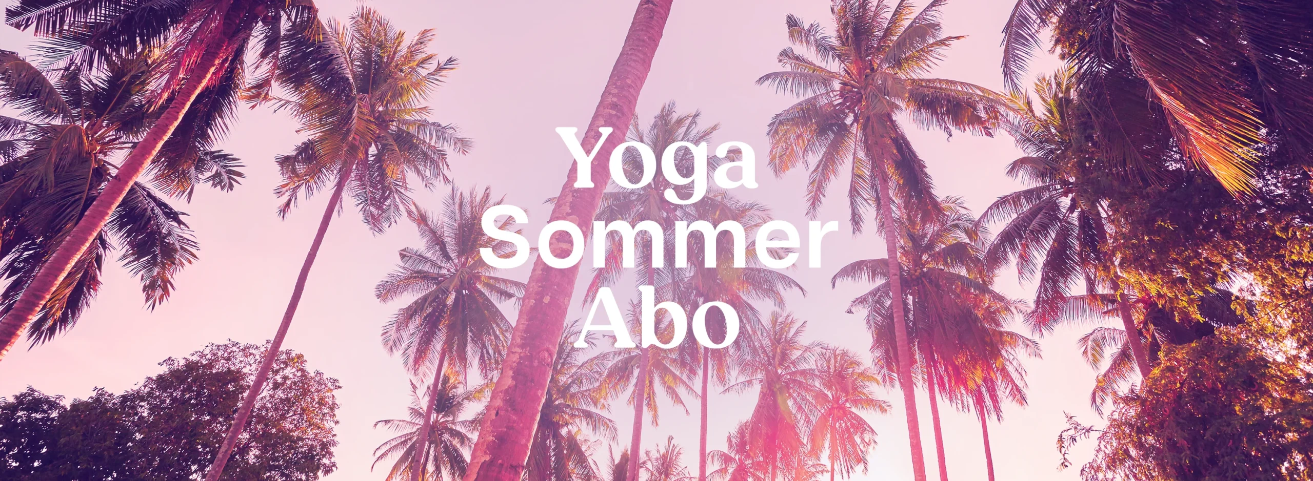 Tropische Palmen unter einem sanften Himmel mit dem Text "Yoga Sommer Abo" in der Mitte. | © Yogalife Graz