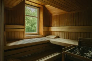Eine gemütliche Sauna mit Holzverkleidung und einem Fenster, das einen Blick ins Grüne bietet, lädt zur Entspannung ein.