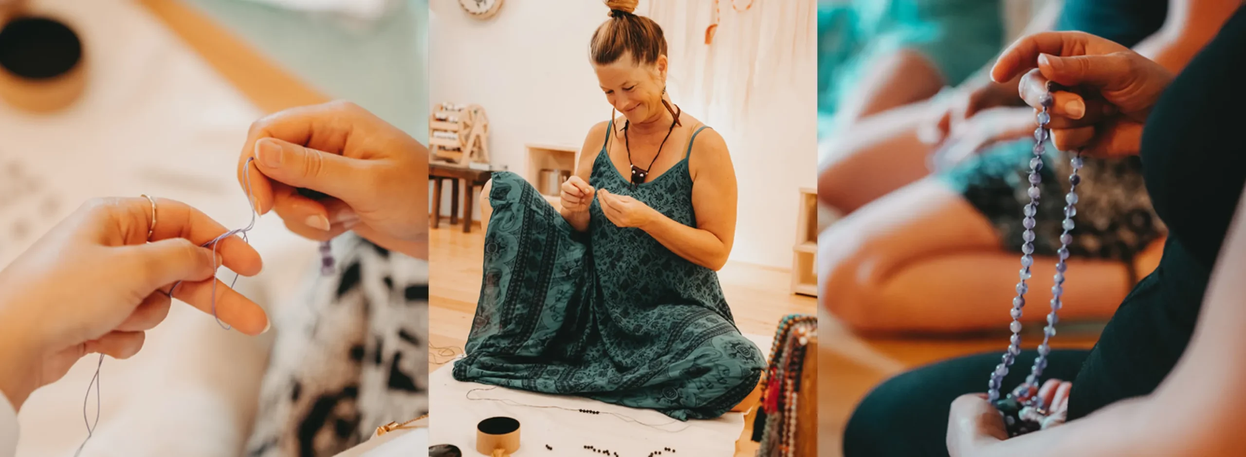 Teilnehmerinnen gestalten gemeinsam in einem Mala-Knüpfen-Workshop wunderschöne Halsketten aus bunten Perlen.